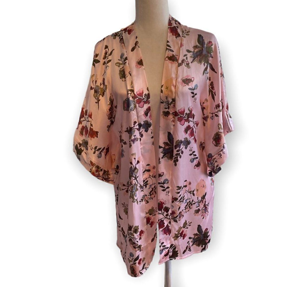 Unitalla Pink Floral Open Front Kimono Robe OS